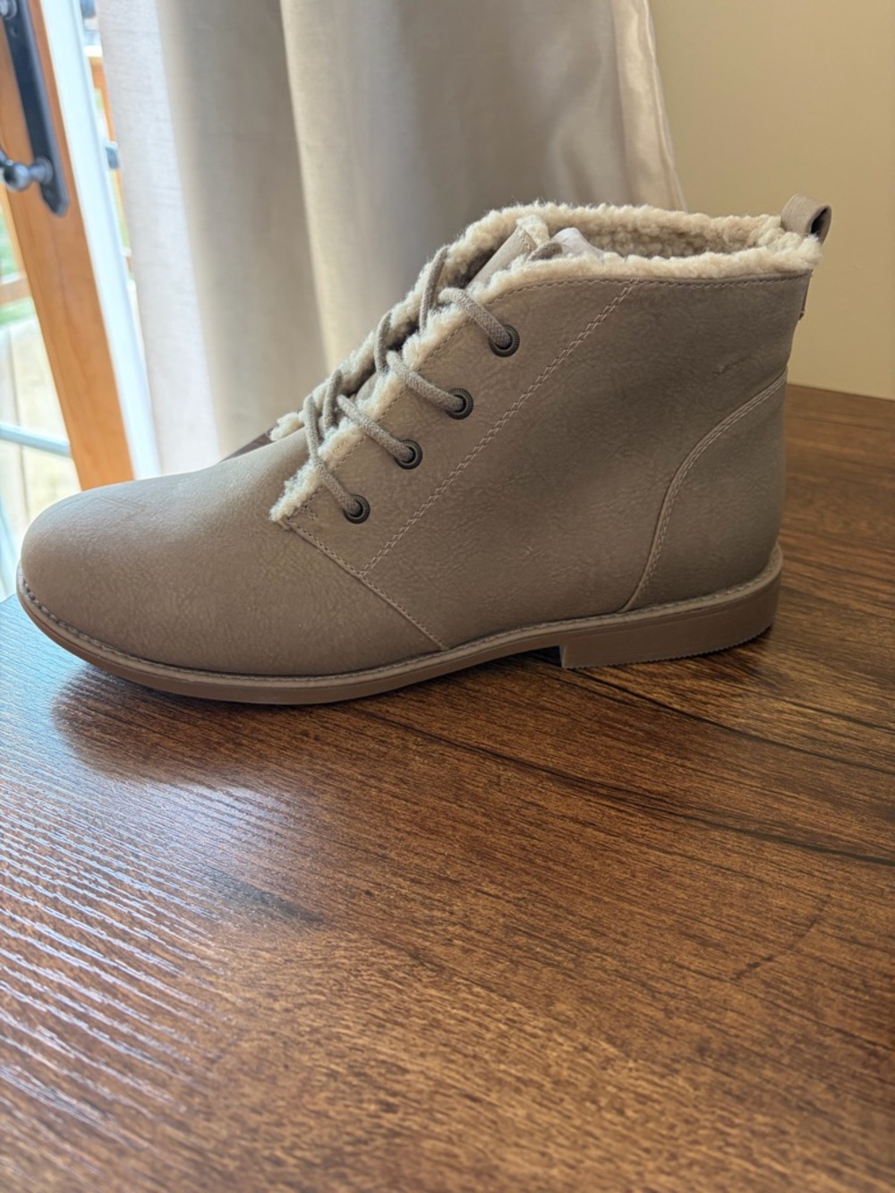 Sonoma Taupe Faux-Suede Lace-Up Ankle Boot with Sherpa Trim